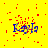 Yellow background with red pixel noise and blue text 'Kayla' in a of five positions, with one gray square in the bottom-right corner
