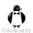 Four-frame animated contact sheet of a penguin mascot with bow tie and cap, showing different wing positions across frames.