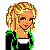 Pixel art contact sheet showing three frames of a female character in sporty attire with green accents and repeated "sporty" text below each frame.