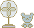 Pixelated of alternating light blue cat figures and beige fans on a gray background, with visible animation changes in fan blade positions