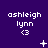 Pixelated text 'ashleigh lynn <3' repeated across a purple background with animated white symbols appearing and changing in the spaces between
