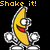 Pixelated yellow crescent moon character with red mouth and white eye, standing on gray platform against black background, text 'Shake it!' above.