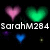 Pixelated heart-shaped icons in pink, green, blue, and purple colors with text "SarahM284" displayed below each on a black background