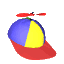 Animated sequence of a cartoon cap with blue, yellow, and green sections rotating on a red brim against gray background.