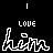 Animated sequence of 'him' text with changing color patterns beneath the word 'LOVE', each frame showing a different pixelated color scheme on black background.
