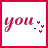 Animated sequence of 'you' text with evolving pixelated phrases and heart symbols in pink on white background.