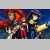 A pixelated static image shows a group of stylized figures in dynamic poses against a dark blue background with red and yellow accents.