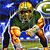 Pixelated static image of a football player in green and yellow uniform holding a white football, set against blue background with grassy field elements.
