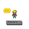 Pixel art character with blonde hair and blue scarf, wearing red shirt and blue pants, standing under yellow 'KK' bubble above gray 'Preview.' button.