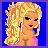 A 4-frame pixel art contact sheet showing a blonde woman in pink clothing with blue background, including full body and text frame.