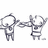 Two pixelated figures in grayscale hold hands, one with a circular head and the other with an oval head against white background.