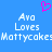 Blue background with white pixelated text reading "Ava Loves Mattycoke" and a pink pixelated heart symbol above the text.