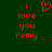 Red pixelated text 'i love you remy' on dark green background with a red heart symbol above the word 'love'.