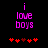 Pixelated text 'i love boys' in purple on black background with red heart symbols below, two variations of heart arrangement visible.
