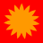 Four identical orange starburst shapes arranged in a on a solid red background