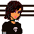 A 4x4 contact sheet of a pixel art animated icon featuring a female character with dark hair and pink eyeshadow, showing sequential frames of text changes and partial body views against horizontal stripes.