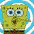 Animated icon of a yellow sponge character with blue eyes and brown pants, transitioning from a smiling pose to an open-mouthed expression against a red background.