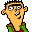 Pixelated cartoon character with yellow skin, black hair, and green shirt against gray background.