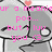 Pixelated cartoon character with gray body and black outlines, holding a pink flower, with pink text overlay reading 'ur a meanie poo... but i luv you <3'
