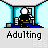 Pixelated character in yellow shirt and white helmet sits at blue desk with computer, text "Adulting" below each frame.