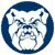 Circular blue and white icon with a stylized abstract design resembling a face or mask in the center.