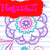 Pixelated floral design with purple outlines and blue-pink centers on striped background, red text boxes displaying partial phrases.