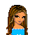 Pixel art contact sheet showing two frames of a female character with long brown hair wearing blue top and dark pants, plus text "shauna" in blue pixelated font.