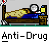 Animated contact sheet showing 10 frames of a pixel art buddy icon sequence with repeated "Anti-Drug" text and various stick figure actions in a bedroom setting.