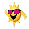 Yellow sun-shaped character with pink sunglasses and black mouth, shown in multiple poses against gray background.