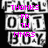 Animated sequence of pixelated text overlays on 'FALL OUT BOY' logo with changing pink messages.