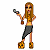 Pixel art contact sheet showing two frames of a female character with long brown hair holding a handgun, wearing a yellow crop top and black skirt, standing on checkered shoes against white background.