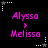 Pixelated text displays 'Alyssa' above a pink arrow and 'Melissa' below on black background with white star corner markers.