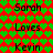 A static image with repeating text over a patterned background of red and green shapes.