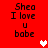Red background with black text reading "Shea I love u babe" in four identical , two white pixel hearts and one pink pixel heart visible between them