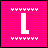 Four pink pixelated display the letters L, O, V, E with white text and small symbols above/below each letter
