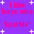 Purple background with pink text reading "I like boys who Sparkle*" and white star shapes scattered throughout the image.