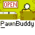 Animated pixel art sequence showing a character with white hair and yellow clothing performing actions under 'OPEN' text on a green background.