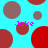 Pixelated image with cyan background and red/brown circles, four instances of pink text reading "Joke" scattered across the scene.