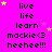 A bright pink background displays repeated text blocks with 'live', 'life', 'learn', 'mackie<3', and 'heeehee!!!' in black pixelated font, interspersed with yellow and pink stars.