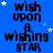 Blue background with repeated black text 'wish upon a wishing star' and scattered white and light blue stars, some stars change position across frames.