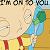 Pixelated image showing partial text 'I'm on to you' above a figure with light hair and a blue-green garment against a beige background.