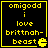 Four identical pixel-art display yellow text on black background with a small Pac-Man icon, each reading 'omigodd i love brittnah-beast' in blocky font