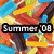 Pixelated colorful background with diagonal stripes in blue, yellow, red, green, and brown; two distinct text elements appear sequentially.