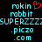 Pixelated cyan text on black background with red heart symbol above 'rokin' in left section, repeated text elements including 'rabbit', 'SUPERZ', '.piczo', '.com' across both sections.