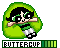 Pixelated cartoon character with black hair and green eyes in a green circular background, arms crossed over chest, wearing green striped shirt and white shorts.