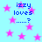 Light blue background with scattered pink stars and repeated text 'izzy loves .....?' in blue pixelated font.