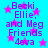 Bright cyan background with pink star shapes and purple text reading "Becki, Ellie, and Meg Friends 4eva" in a pixelated font.