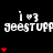 Pixelated text 'geestuff' with 'i ♡ 3' above each instance, red heart symbols scattered across black background, gray rectangle in bottom-right corner.