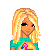 Pixel art of a blonde girl in green top and pink shorts with scattered colorful letters spelling 'hot like the summer sun' on white background.
