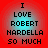 Red background with four identical text blocks reading "I LOVE ROBERT HARDELLA SO MUCH" in black pixelated font, each block surrounded by a light blue circular glow.